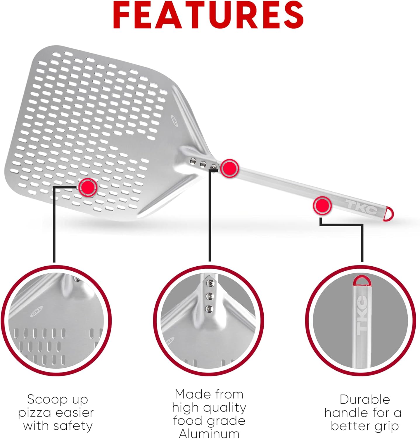 TKC Perforated Pizza Peel 12 Inch - Long Handle Perforated Aluminum Pizza Paddle - Lightweight Pizza Turning Peel Spatula - Compatible with all Ooni Pizza Ovens - 26 Inch Overall Length (Silver/Gray)