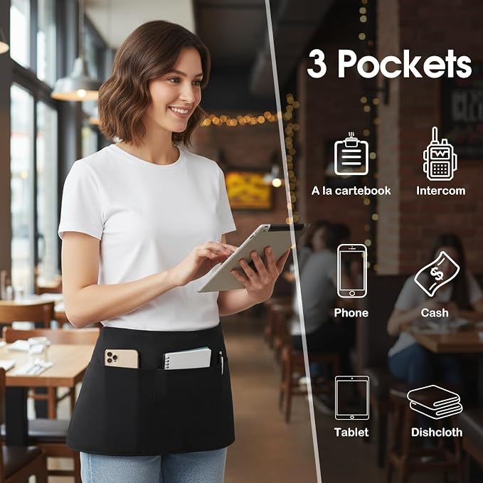 BOHARERS Cotton Server Aprons 3 Pack Waiter Waitress Apron Short Apron - Image 2