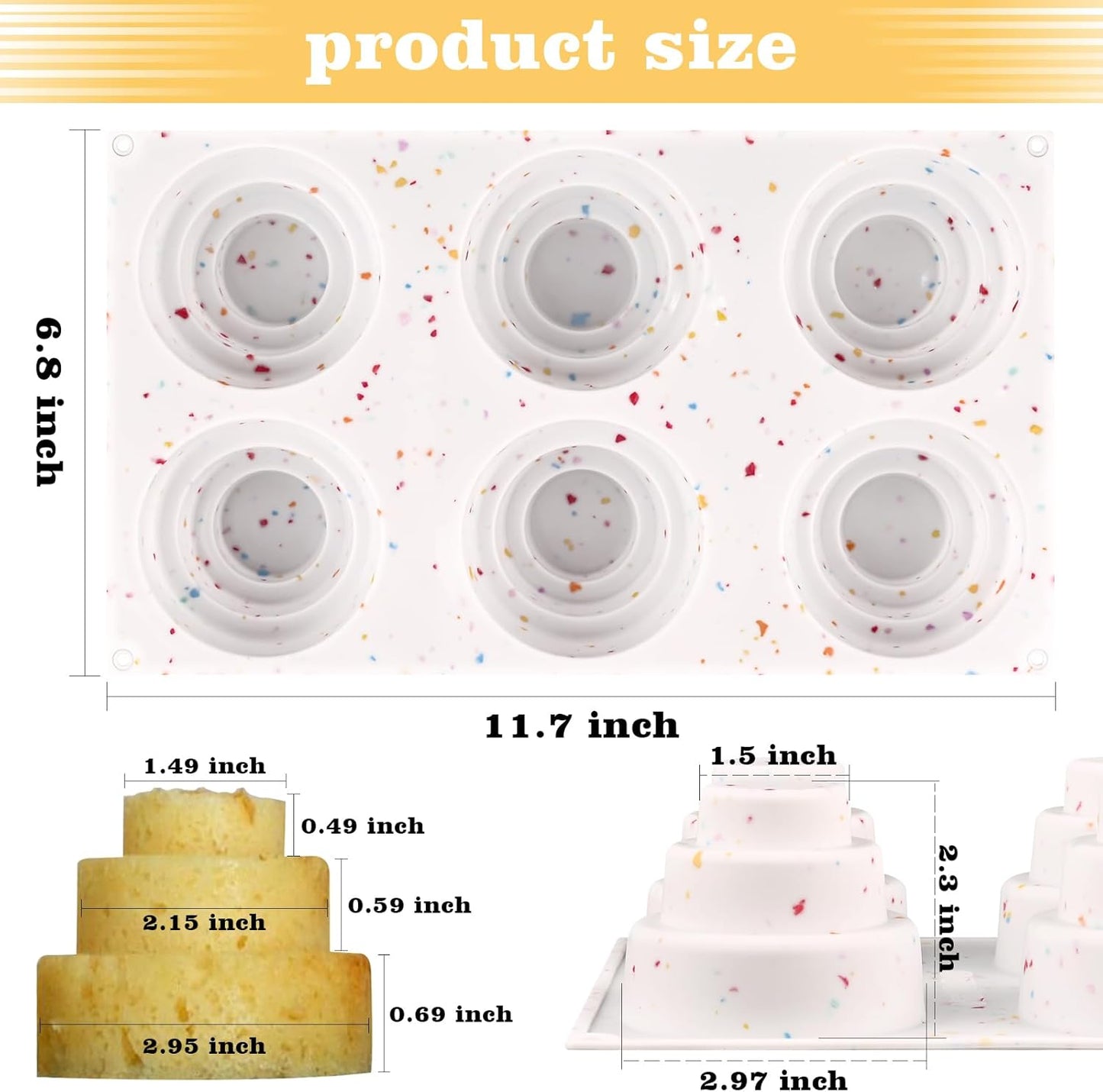Sakolla 2 Pack 3 Tier Mini Cake Molds, BPA Free 6 Cavity Silicone Cakepop Molds Shapes for Baking Cake Pop, Cakesicle, Brownie and Mousse (Confetti)