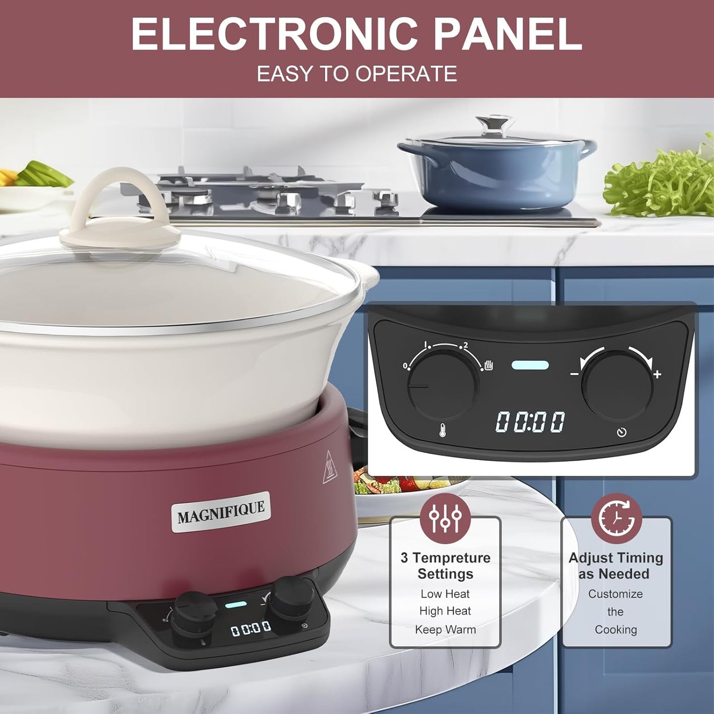 MAGNIFIQUE 5 Quart Programmable Slow Cooker with Auto Warm Setting, Glazed Ceramic Liner, Kitchen Small Appliance for Family Dinners, Red