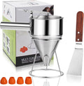40oz Pancake Batter Dispenser Stainless Steel with Metal Spatula, Stand, Squeeze Handle and Versatile Silicone Funnel, Baking Tool for for Pancake, Cake, Cupcake, Waffles and Muffins Making