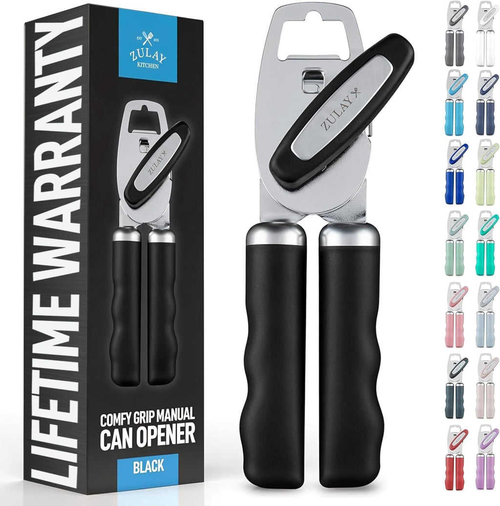 Zulay Kitchen Heavy Duty Stainless Steel Can Opener Manual with Bottle Opener - Rust Proof Manual Can Opener With Turn Knob & Comfy Soft Grip Handles - Black
