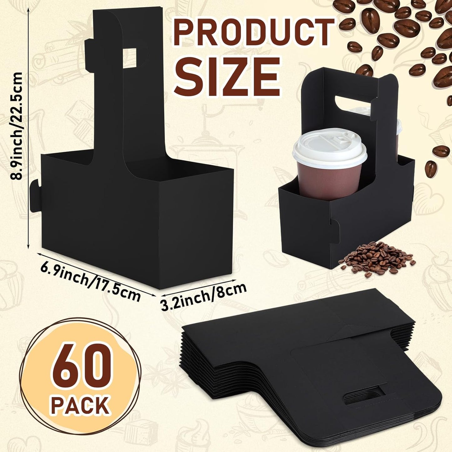 Kosiz 60 Pcs 2 Cups Drink Carrier with Handle 6.9 x 3.2 x 8.9 Inch Coffee Holder Paperboard Drink Caddy for Hot and Cold Beverage Takeout Cafe and Restaurant Xmas Wedding Food Delivery(Black)