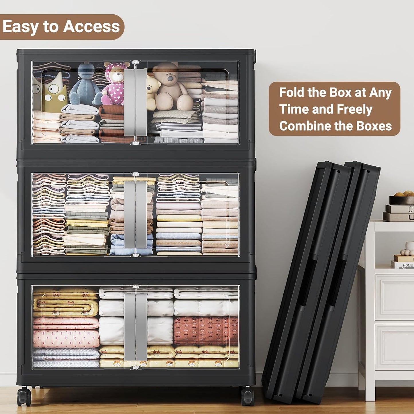 480QT Stackable Storage Bins with Lids, 120Gal Extra Large Collapsible Storage Box with Wheel, Plastic Storages with Clear Door Open Front for Home Bedroom Garage, Black-3pack(3 lids)