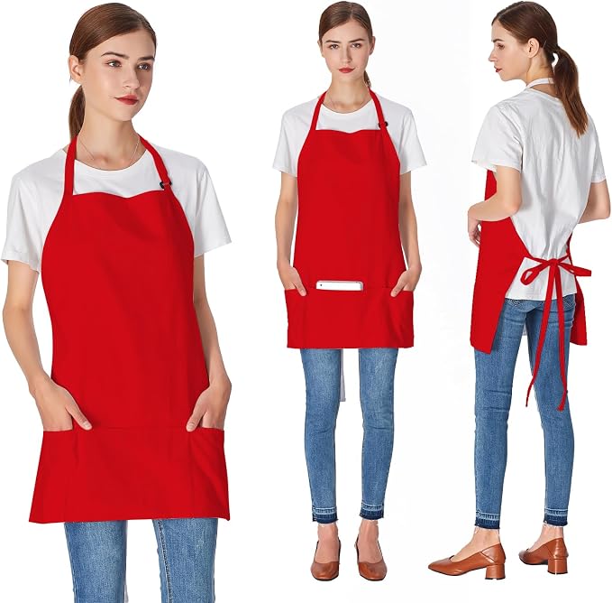 Jubatus 2 Pack 3 Pockets 100% Cotton Adjustable Bib Apron Chef Kitchen Cooking - Image 3