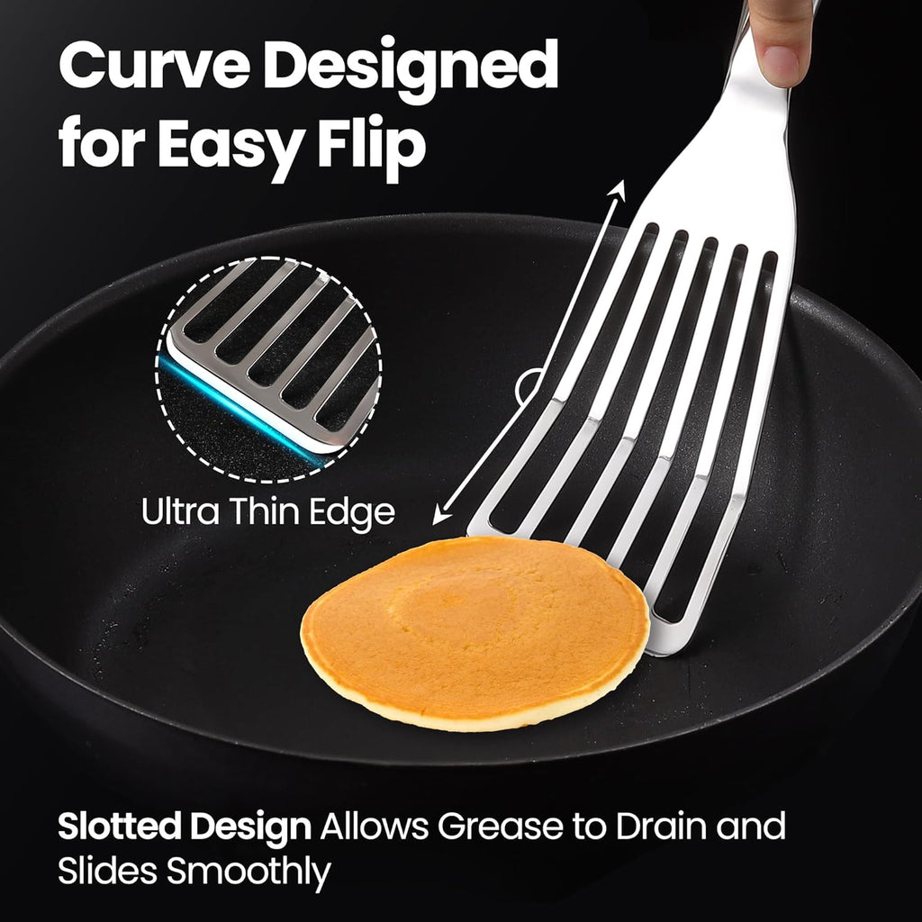 Stainless Steel Fish Spatula Set – 1 Large Fish Turner + 1 Small Metal Spatula, Ultra Thin Edge for Easy Turning & Flipping, Metal Kitchen Untensils with Ergonomic Non-Slip Handle, Dishwasher Safe