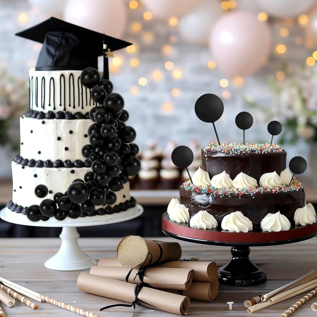 48 Pcs Balls Cake Topper Decorations Balloon Cupcake Toppers Foam Cake Topper Balls Cake Balls Decorations for Birthday Party Wedding Anniversary Cake Decorating (Black)