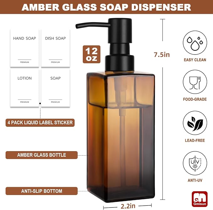 GMISUN Amber Glass Soap Dispenser, 2 Pack Hand Soap Dispenser Bathroom - Image 2