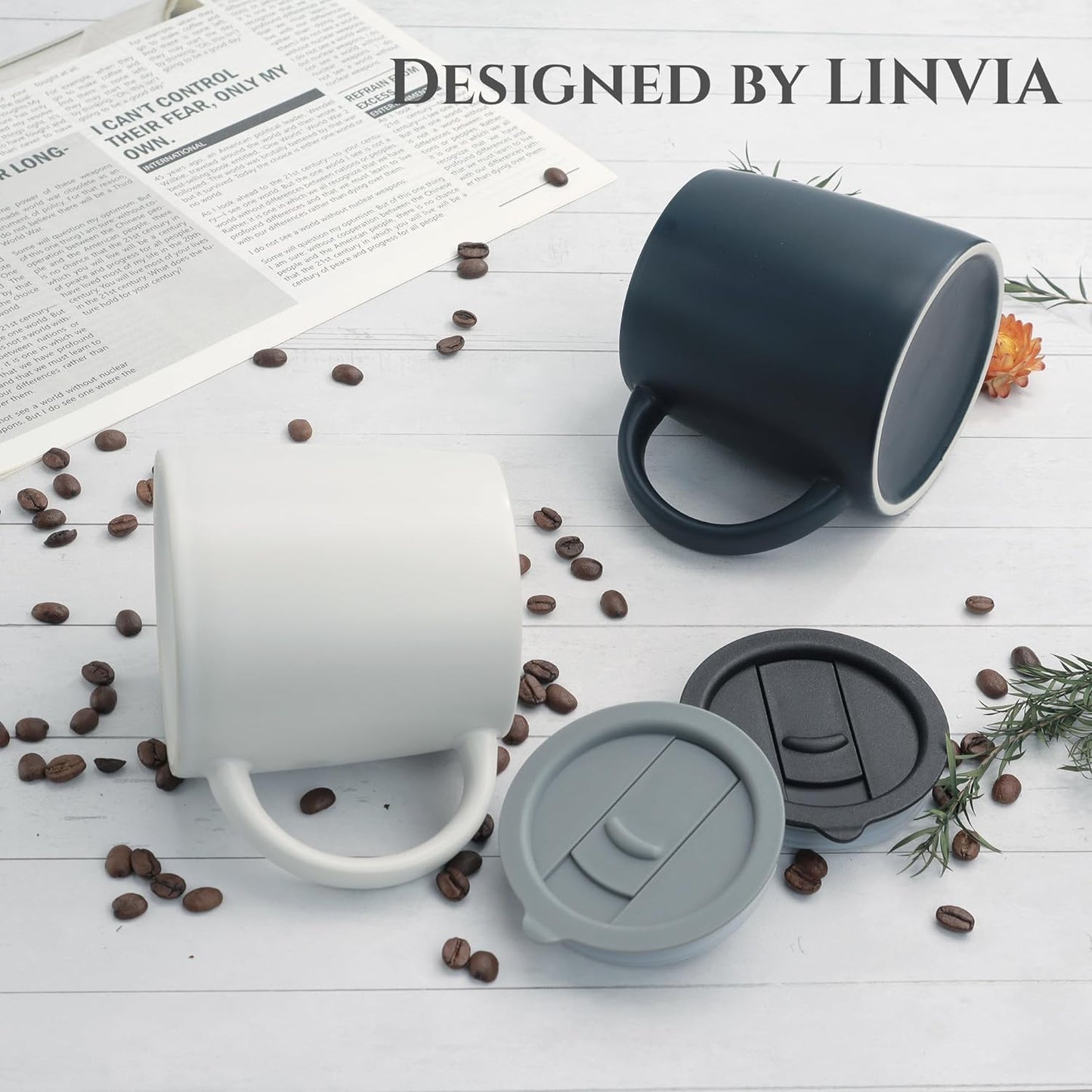 Classic Mug, 14 oz Large Coffee Mug with Handle, Ceramic Porcelain Tea Cup, Smooth Matte (Sliding Lid, White)
