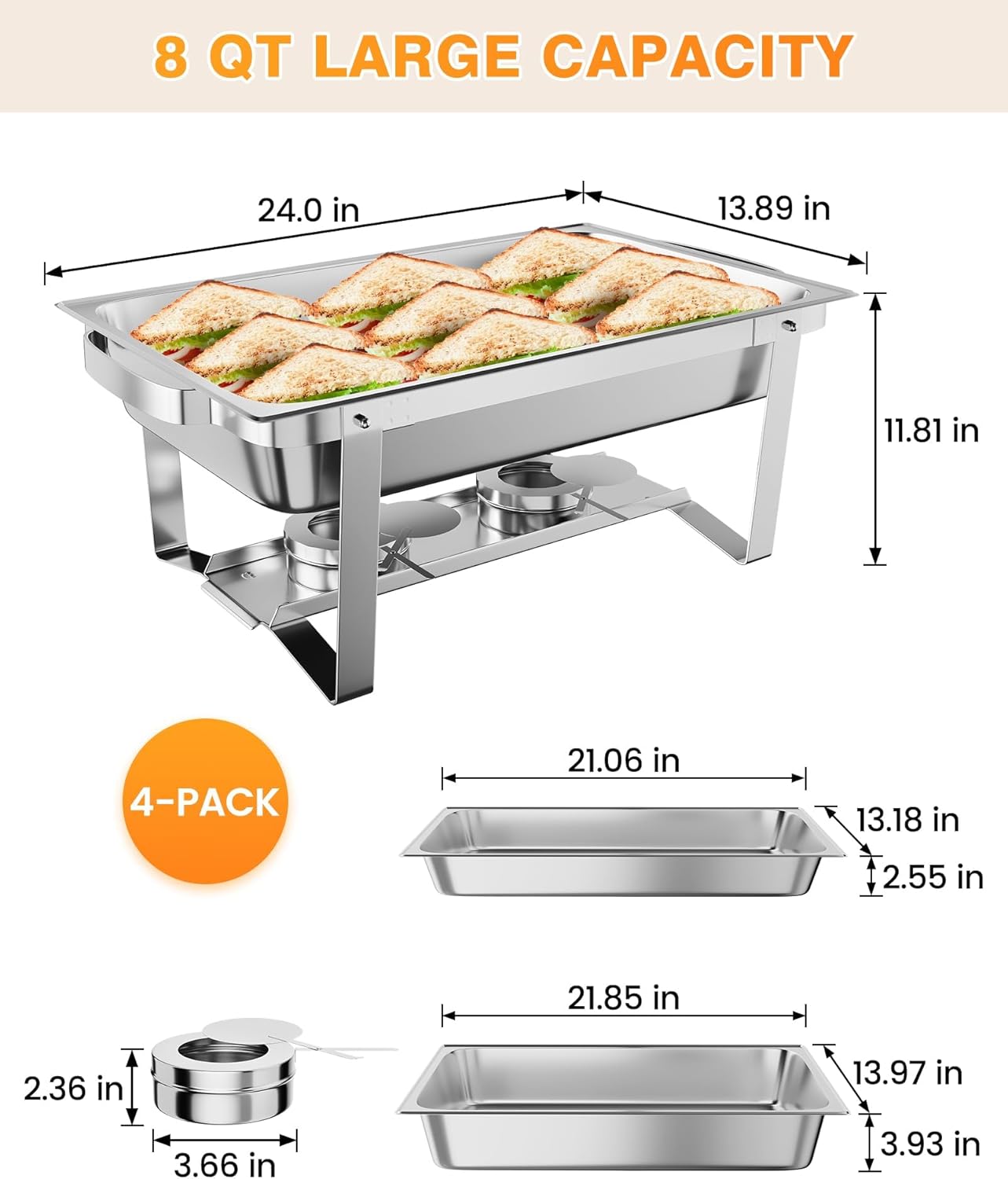 GarveeHome Chafing Dish Buffet Set 4 Pack, 8 QT Food Servers and Warmers Stainless Steel Chafer with Water Pan for Weddings, Parties, Banquets, and Catering