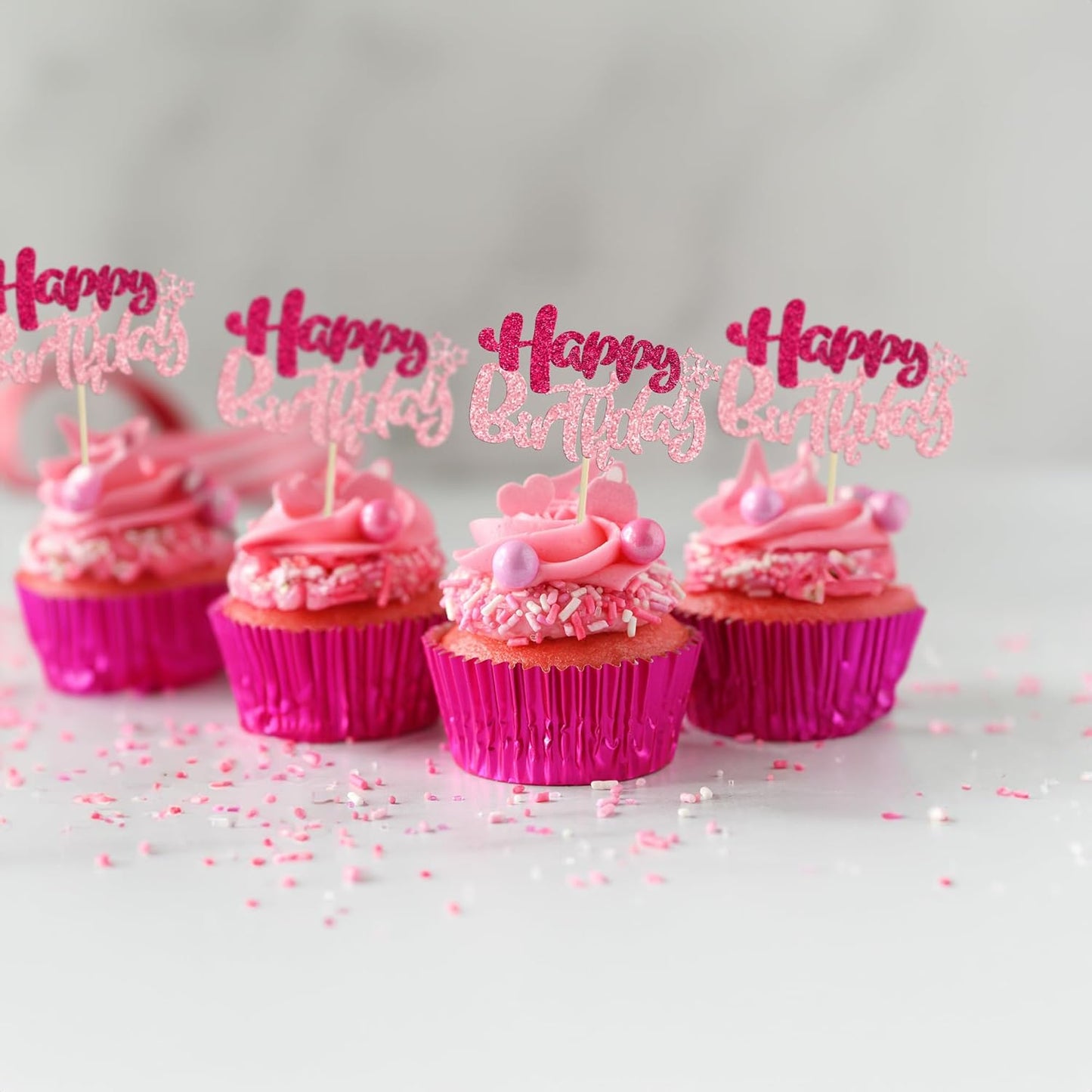 Ephlyn 24Pcs Happy Birthday Cupcake Toppers Double Layer Glitter Happy Birthday Cake Decorations for Celebrating Baby Shower Theme Kids Boys Girls Birthday Anniversary Party Supplies Rose Red Pink