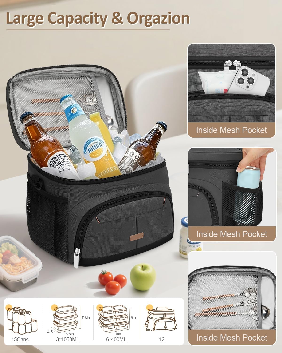 Lunch Box for Man Women, Insulated Lunch Bag Cooler Bag Leakproof Lunchbox Lunch Tote Bags with Removable Strap for Work School Picnic Travel (Grey/12L