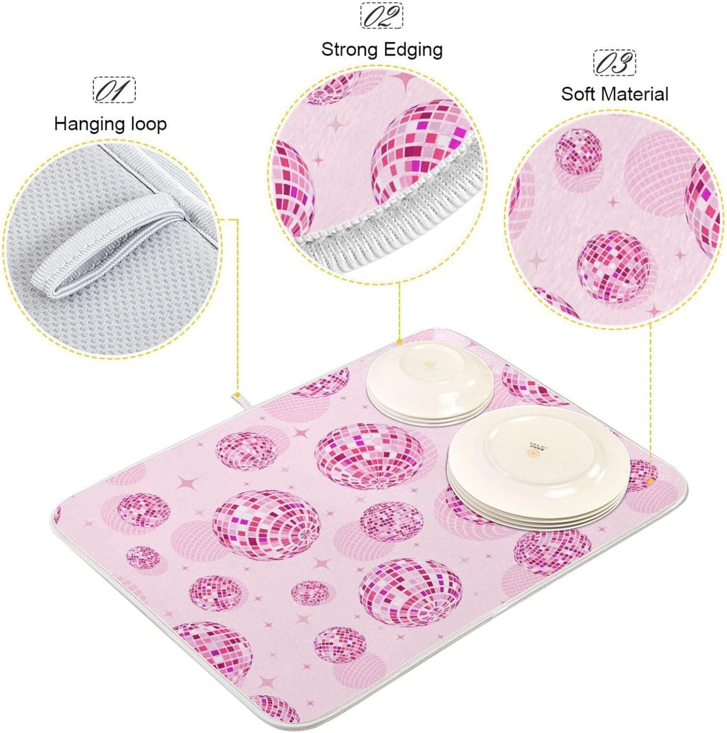Disco Balls Pink Dish Drying Mat for Kitchen Counter Absorbent Microfiber Drying Pad, Large 18x24 in, Reversible Drainer Mats