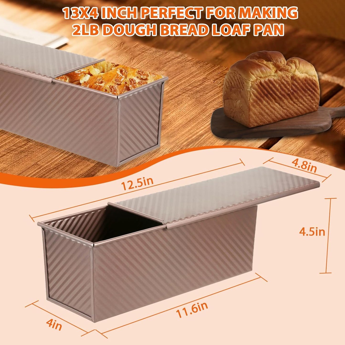 Non-Stick Pullman Loaf Pan with Lid 13x4 Inch - 2.2lb Carbon Steel Bread Baking Pan with 4 Vent Holes, Heavy Duty Sourdough Loaf Pan with Cover for Homemade Sandwich Bread (Gold)