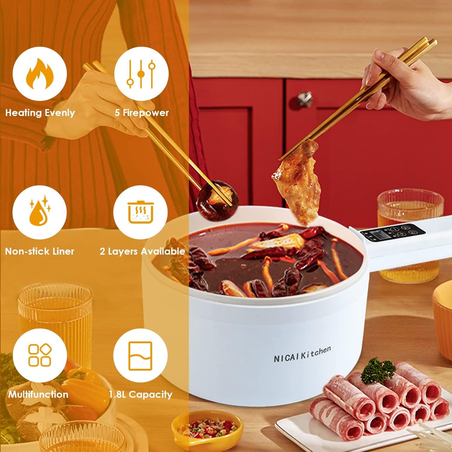 Electric Hot Pot,1.8L Electric Cooker Steamer, Multifunctional Non-stick Pan,Suitable For Ramen, Steak, Egg,Rice, Oatmeal, Soup Smart Button, Gold