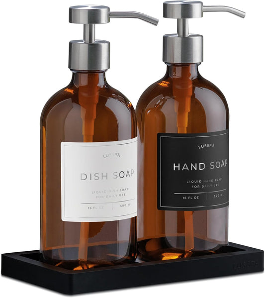 Lotion, Hand & Dish Soap Dispenser for Kitchen Sink - Bathroom Soap Dispenser Set of 2 16.8 Oz Glass Bottles with Stainless Steel Pump, 15 Water Proof Labels & Silicon Tray (Amber/Silver)