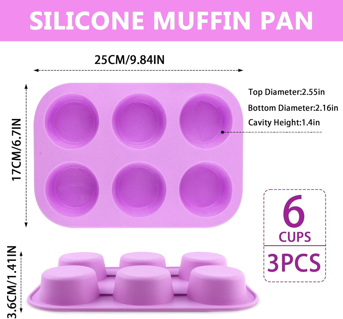 3-Pack 6-Cup Silicone Muffin Pans, Nonstick Cupcake Baking Molds, BPA/PFA-Free, Dishwasher & Oven Safe - Purple