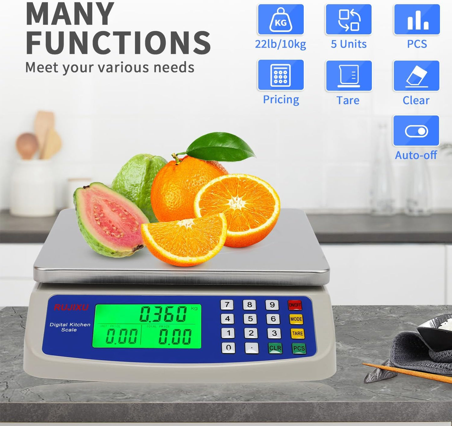 Large Digital Kitchen Scale 22LB Commercial Scale for Food Baking Bread Cooking Meat,Stainless Steel Price Computing Scale with LCD Display,Prep Counting Scale for Parts and Coins,Adapter Included