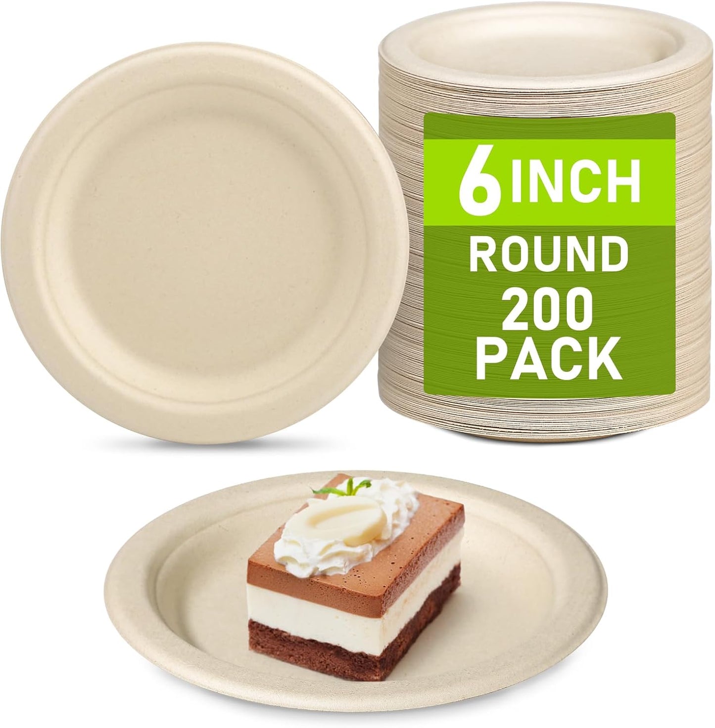 Small Eco Friendly Compostable Dessert Plates, 6 inch, 200 Pack, Sugarcane Biodegradable, Brown