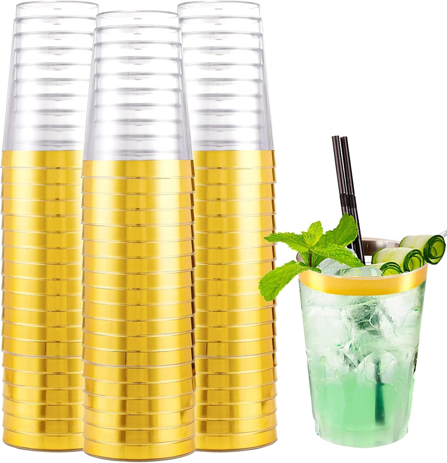 I00000 200 Pack Gold Plastic Cups, 10 oz Clear Plastic Cups Gold Rimmed Disposable Wine Glasses Fancy Disposable Party Cups Wedding Cups Drinking Tumblers Plastic Cocktail Glasses with Gold Rim