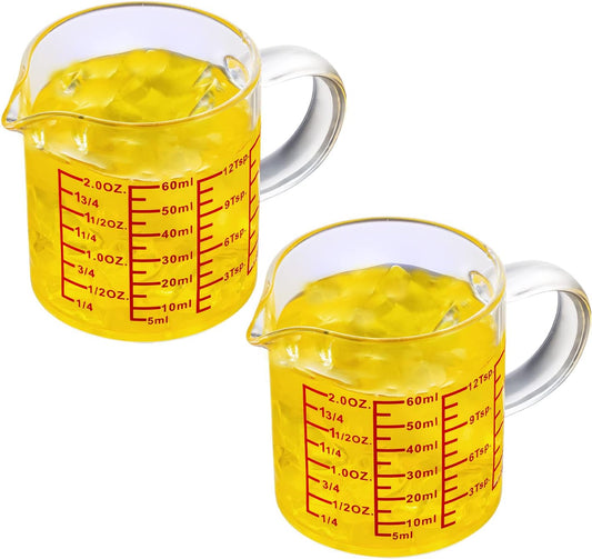 Measure Glass -[Insulated handle | V-Shaped Spout]-Made of High Borosilicate Glass Measuring for Kitchen or Restaurant, Easy to Read, 60 ML (2 Oz) 丨(2 Pack)