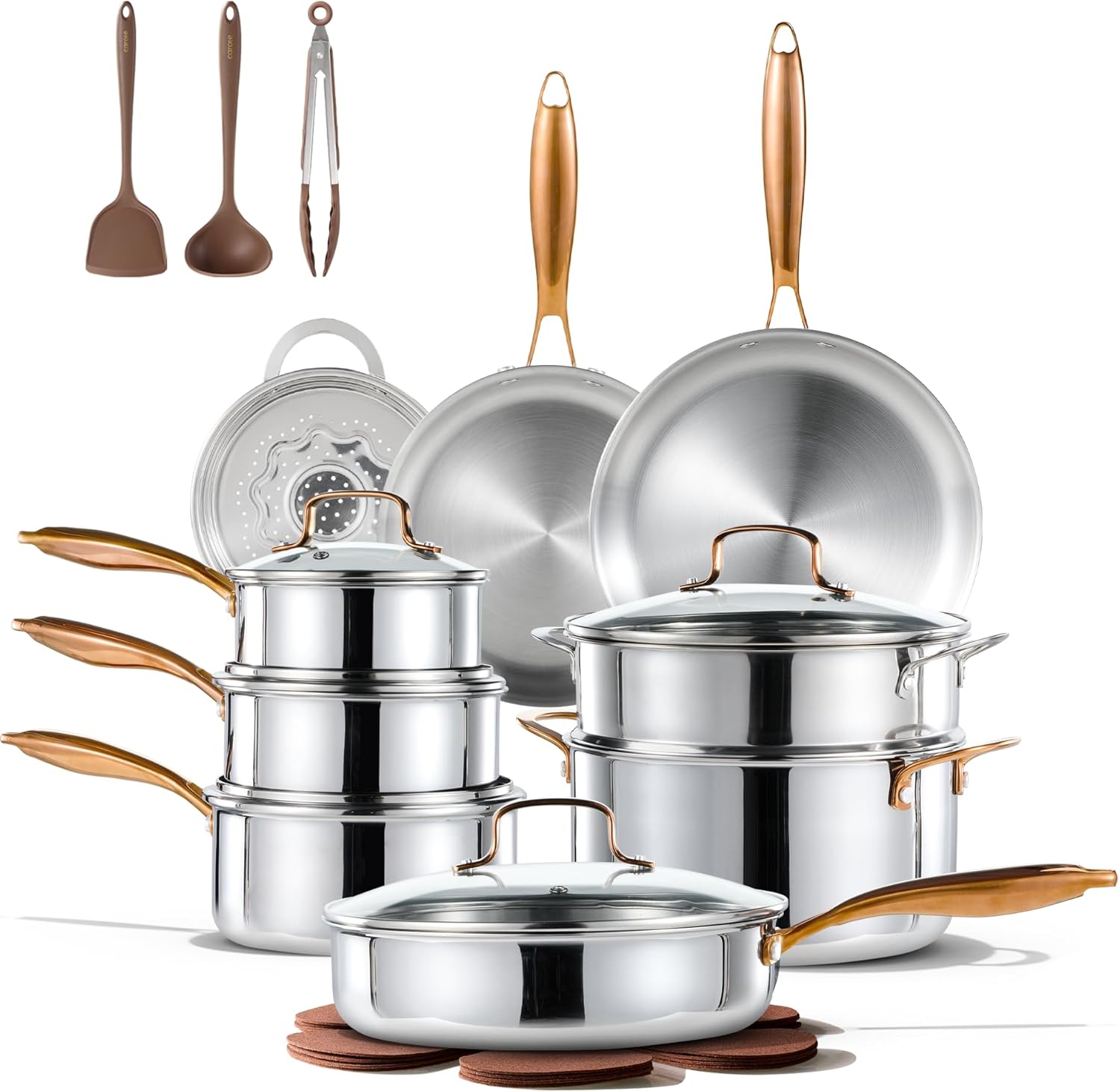 CAROTE 23pcs Tri-Ply Stainless Steel Cookware Set, Pots and Pans Set, Non Stick Induction Kitchen Cooking Sets, Nonstick Cookware Collection, Mirror Polish, Silver