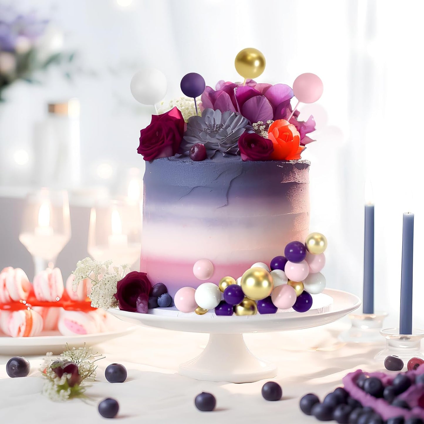 48 Pcs Balls Cake Topper Decorations Balloon Cupcake Toppers Foam Cake Topper Balls Cake Balls Decorations for Birthday Party Wedding Anniversary Cake Decorating (Pink, Purple, White, Gold)