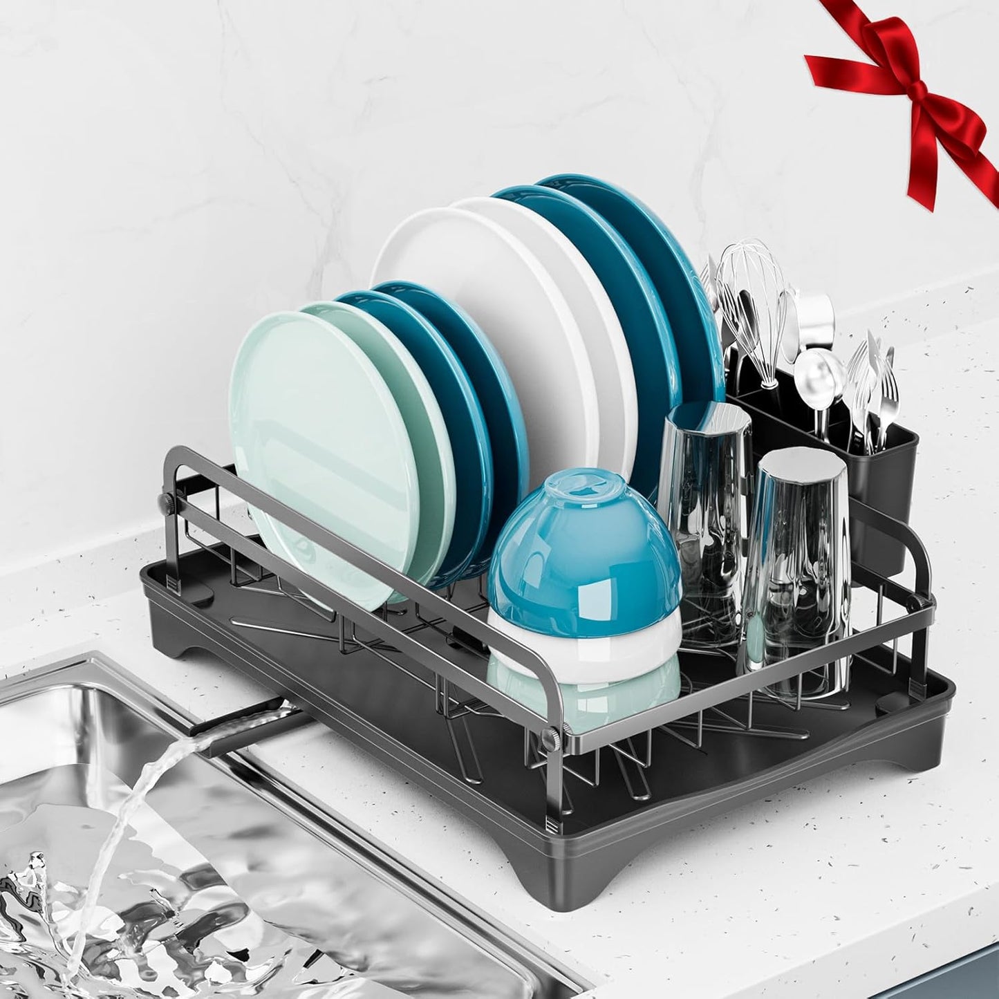 Dish Drying Rack Kitchen - Dish Racks for Kitchen Counter Space-Saving, Dish Drainer with Automatic Drain and Adjustable Spout, Dishwasher Rack with Cutlery Holder, 16.5" D x 11.6" W x 6.6" H