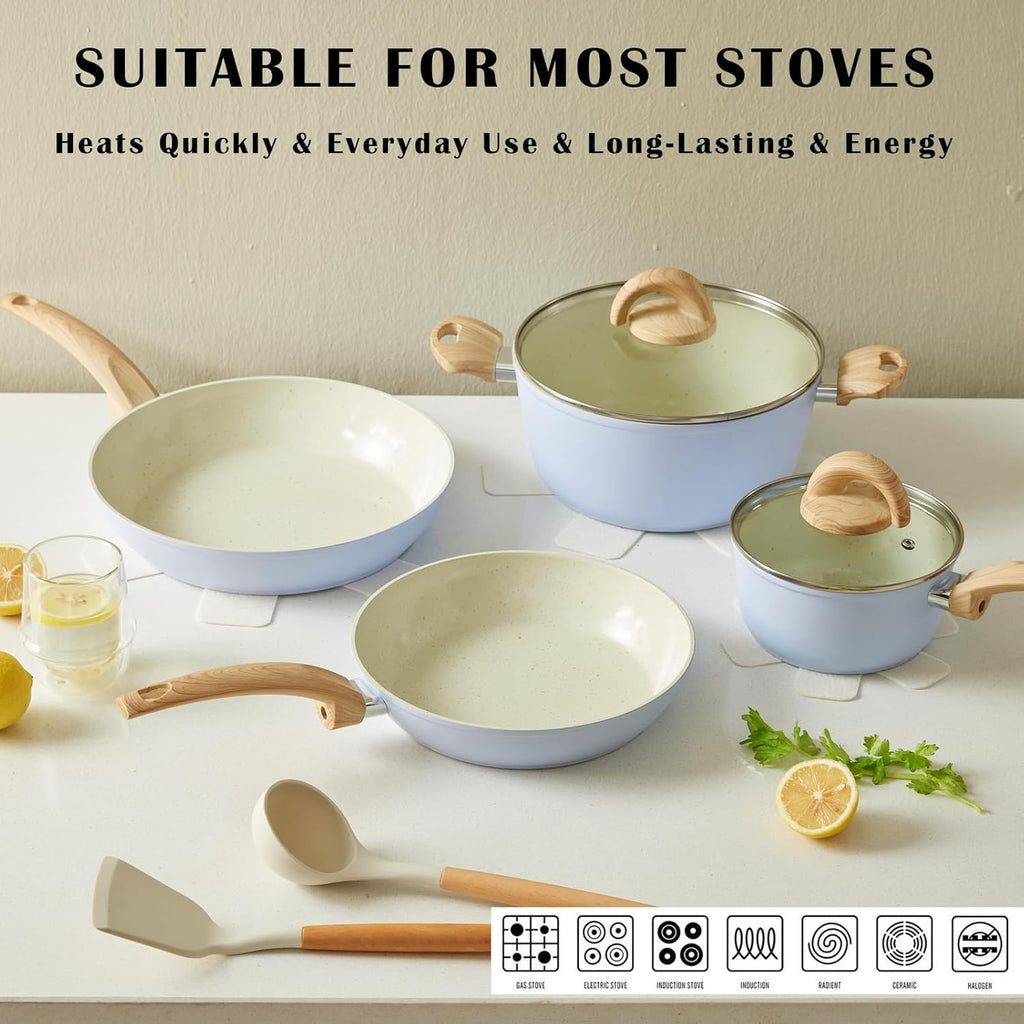 Blue Non Stick Pots and Pans Set, Healthy Ceramic Cookware Set, 12pcs Kitchen Cooking Pots and Frying Sauce Saute Pans Set, PFAS-Free with Kitchen Utensils and Lid