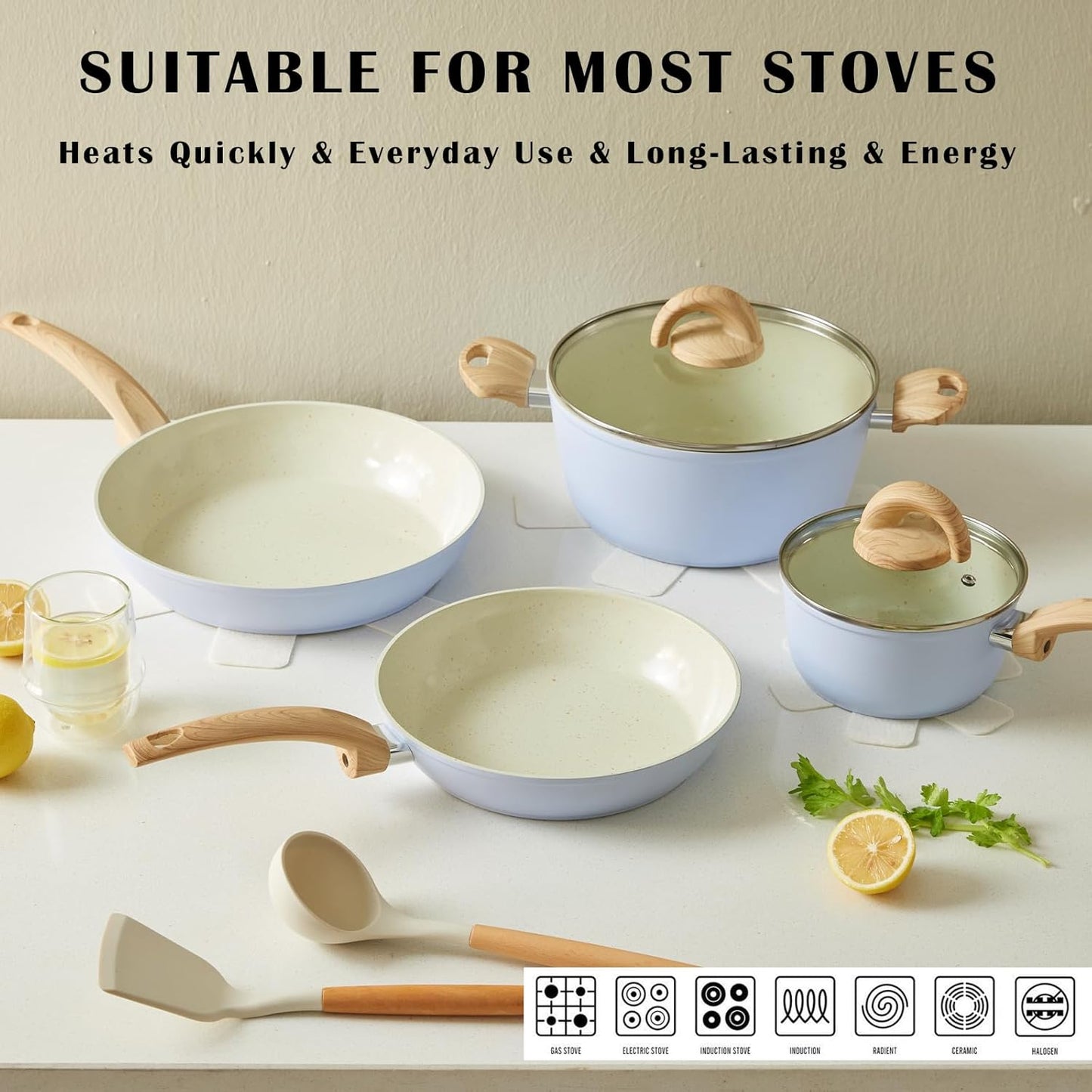 Blue Non Stick Pots and Pans Set, Healthy Ceramic Cookware Set, 12pcs Kitchen Cooking Pots and Frying Sauce Saute Pans Set, PFAS-Free with Kitchen Utensils and Lid