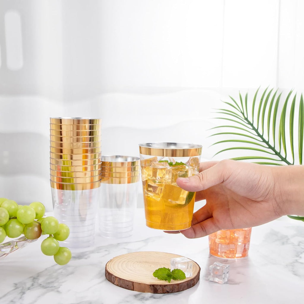 I00000 100PCS Gold Plastic Cups,10 oz Clear Plastic Cups with Gold Trim, Gold Plastic Beer Mugs，Disposable Hard Plastic Cups For Party, Premium Gold Rimmed Plastic Cups Perfect for Wedding & Party