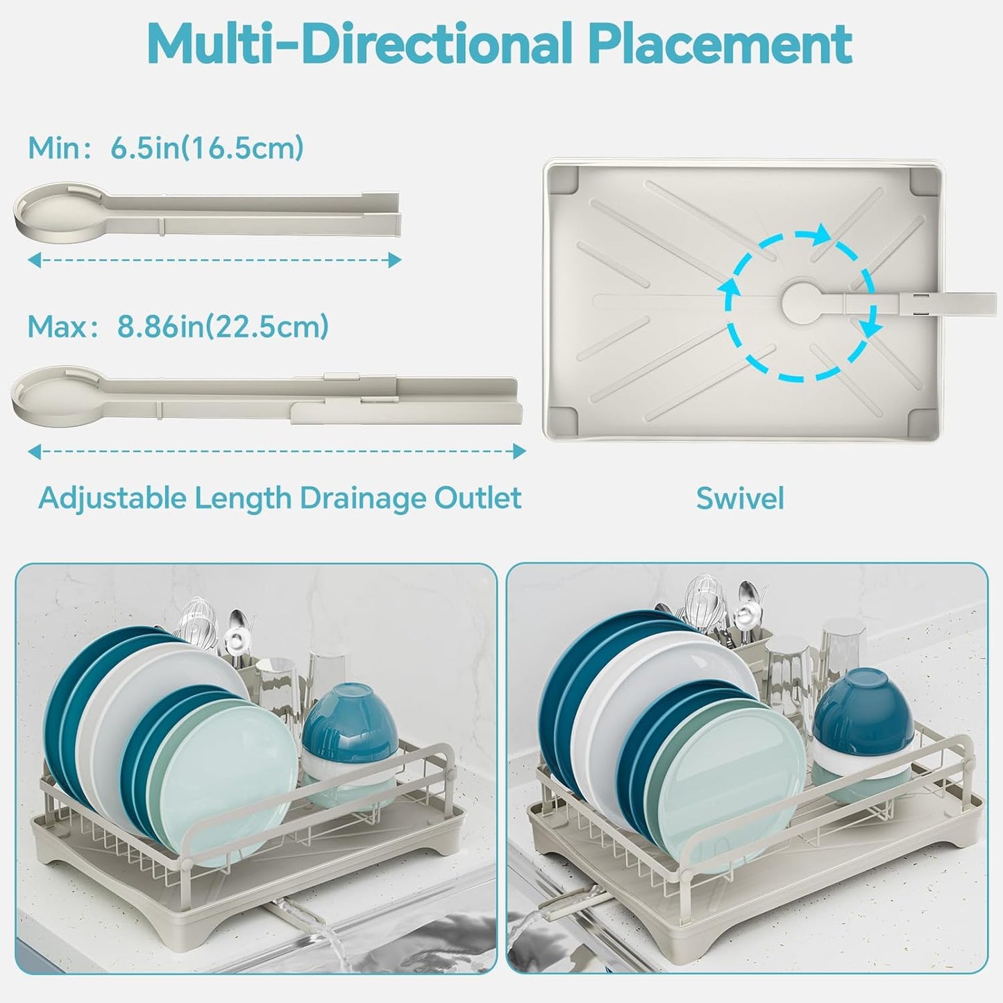 Dish Drying Rack Kitchen - Dish Racks for Kitchen Counter Space-Saving, Dish Drainer with Automatic Drain and Adjustable Spout, Dishwasher Rack with Cutlery Holder, Easy to Install, Grey