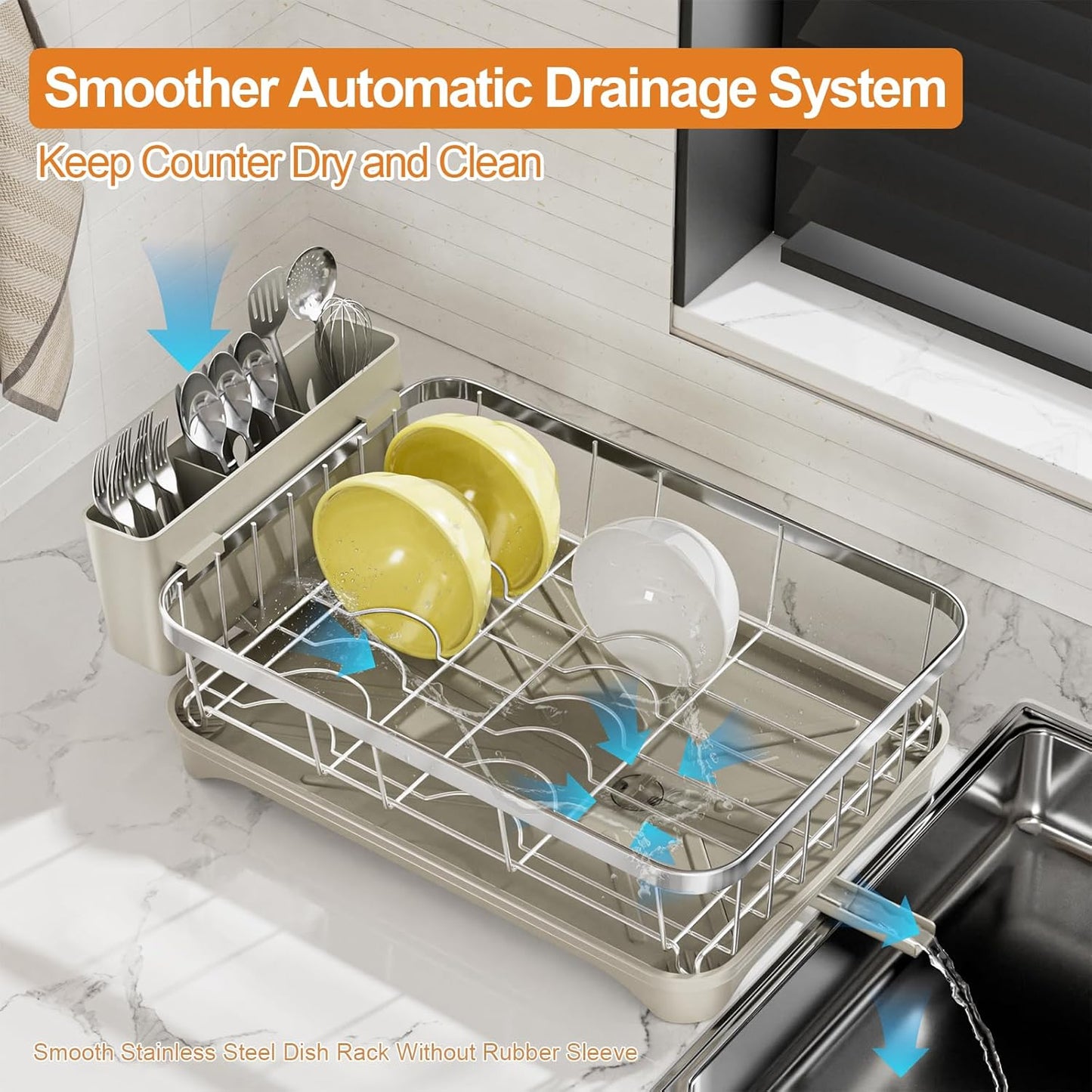 Stainless Steel Dish Drying Rack – 304 Grade Dish Racks for Kitchen Counter with Utensil Holder & Adjustable Spout, Space-Saving Organizer, 16.5" x 11.8" x 5.3" Grey