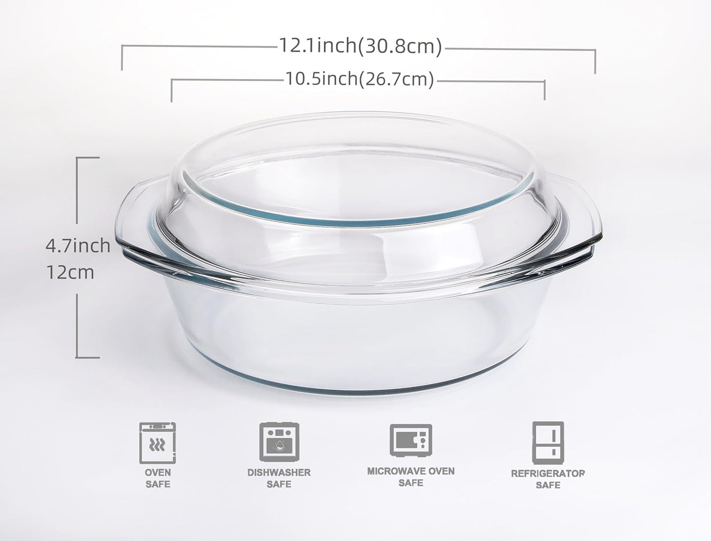 Round Tempered Glass Casserole Dish with Lid, Glass Casserole Baking Dish for Oven, Freezer and Dishwasher Safe - 3QT