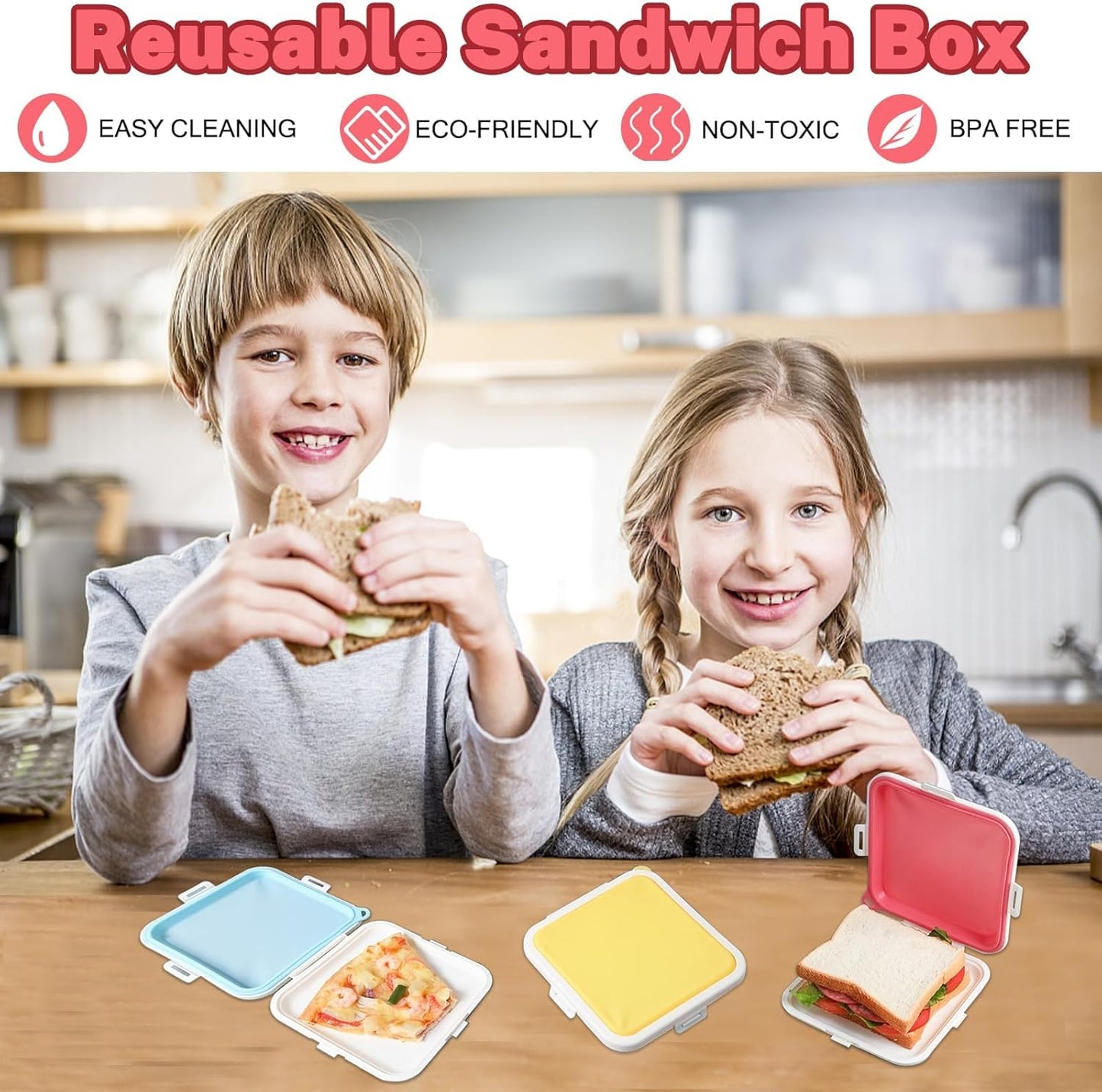 Sandwich Containers, Silicone Sandwich Storage with Snap-Off,Sandwich Box for Lunch,BPA Free,Leakproof, Reusable Plastic Sandwich Holder for Fruit,Salad,Snacks and Food Storage (pink)