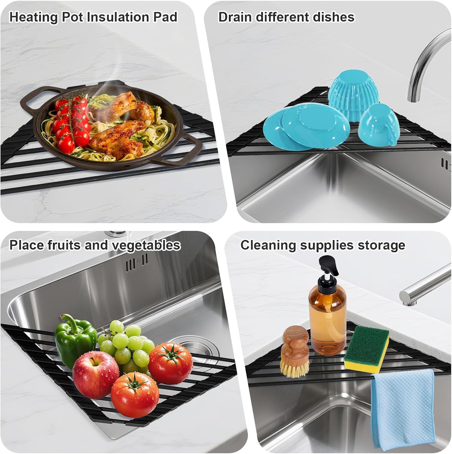 Triangular Sink Rack, Multi-Functional Rack Above The countertop, Foldable Sink Drying mat, Heat-Resistant, Non-Slip, and Rust-Proof Dish Rack (Black)