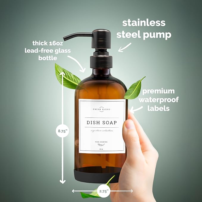 Vine Creations Amber Glass Soap Dispenser, 2 Pack Kitchen Soap Dispenser Set - Image 6