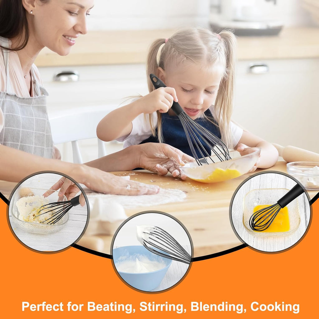 HOTEC 4 Pieces Silicone Whisks Set, Wire Balloon Whisks Egg Beater, Non-slip Handle Whisk for Non-stick Cookware Perfect for Cooking, Stirring, Beating and Blending (Black)