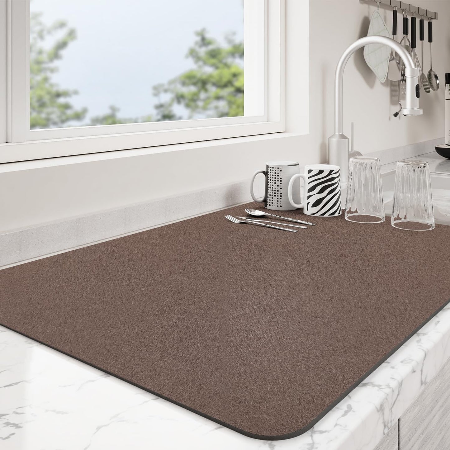 Dish Drying Mat for Kitchen Counter | Coffee Bar Mat for Countertops | Heat Resistant Drainer Mat with Non-slip Rubber Backed | Hide Stain Kitchen Absorbent Draining Mat | Brown 18"x24"