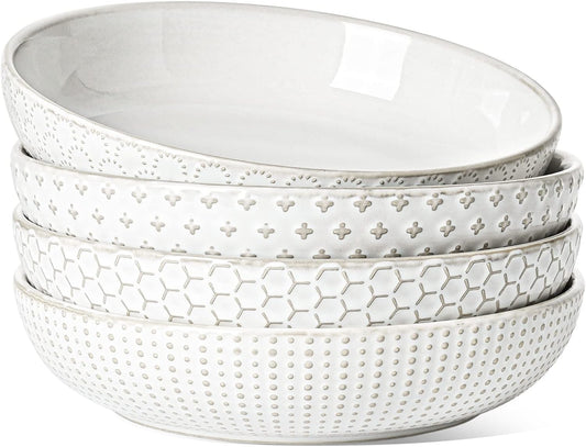 LE TAUCI Pasta Bowl 36 oz, Salad Bowl Serving Plate Bowls, Housewarming Wedding Present, Ceramic Embossment Bowl for Pasta, Fruits, Salad, Noodle, Dinner - 8 Inch, Set of 4, Arctic White