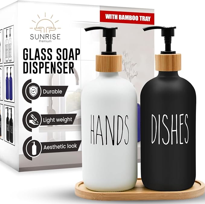 Sunrise Premium 16 OZ Thick White & Black Glass Soap Dispenser, Bamboo Pump by SunrisePremium