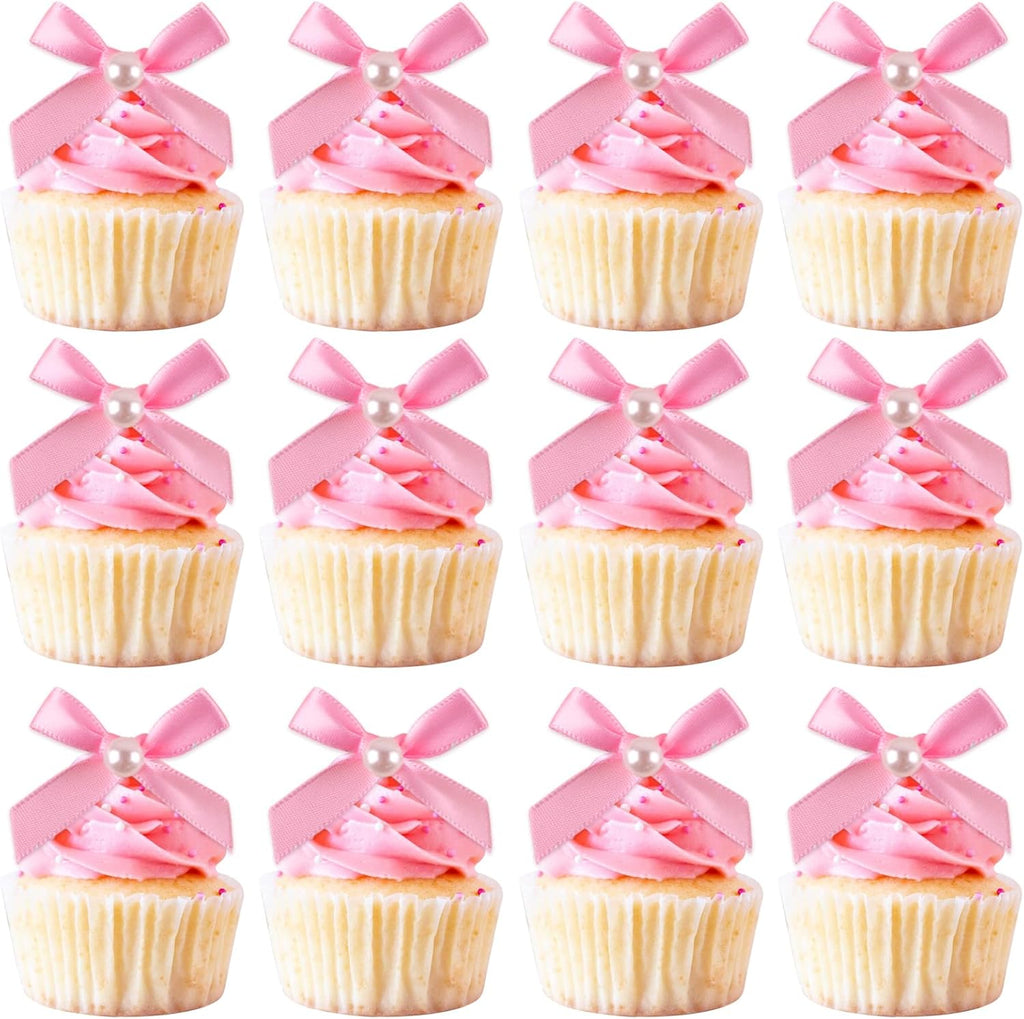 12 Pcs Mini Pink Pearl Bow Cake Toppers Pearl Bows Cake Decorations Ribbon Bowknot Birthday Cupcake Topper Pearls Bow Knot Ornament for Bachelorette Birthday Engagement Wedding Party Supplies