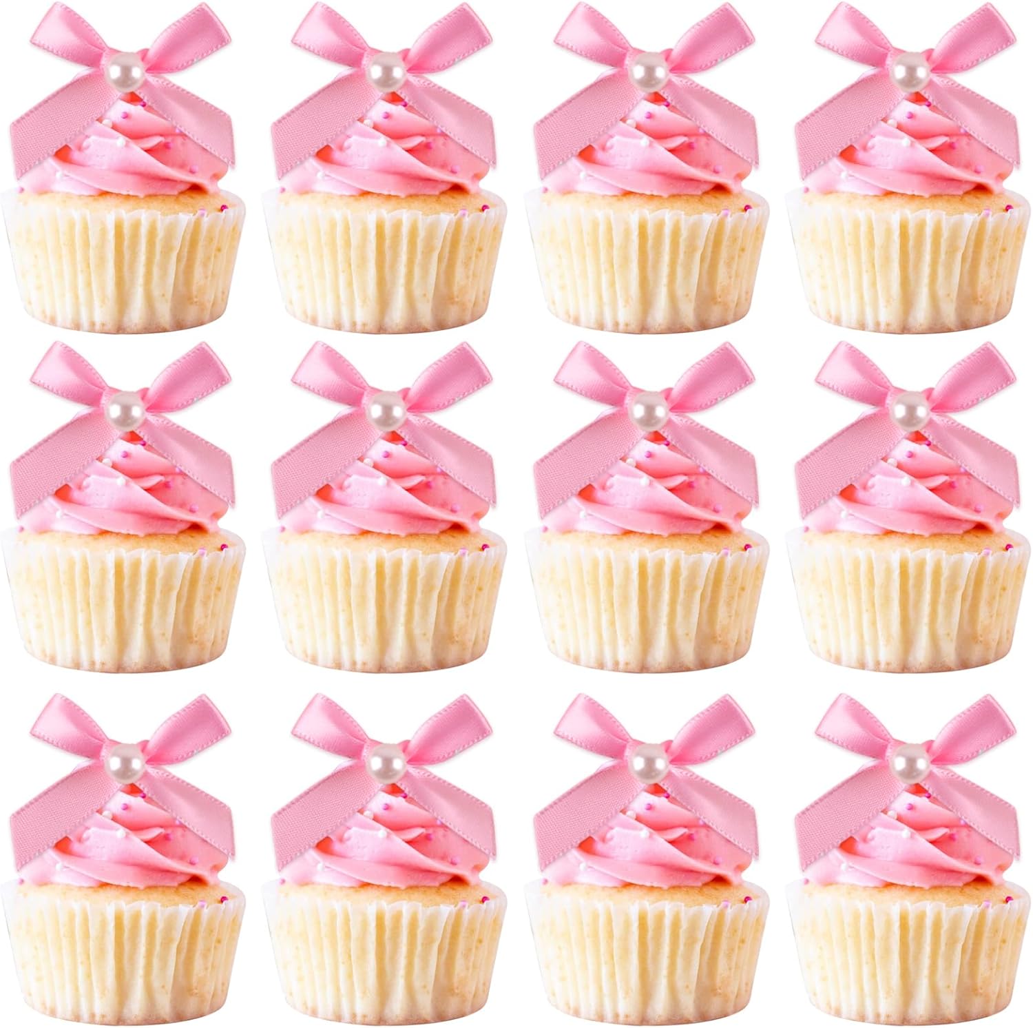 12 Pcs Mini Pink Pearl Bow Cake Toppers Pearl Bows Cake Decorations Ribbon Bowknot Birthday Cupcake Topper Pearls Bow Knot Ornament for Bachelorette Birthday Engagement Wedding Party Supplies