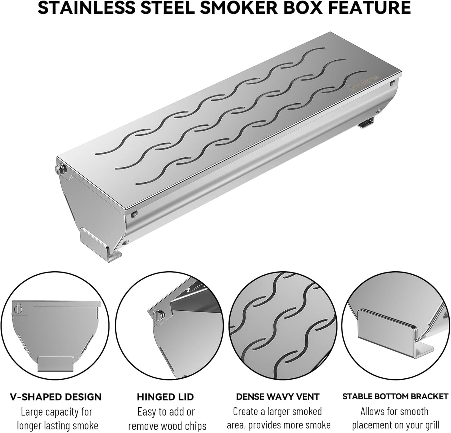 Skyflame Stainless Steel Wood Chip Smoker Box, BBQ Meat Smoking with Wavy Vent and Hinged Lid, Large Capacity for Gas/Charcoal Grill, V Shape with Flat Base Bottom