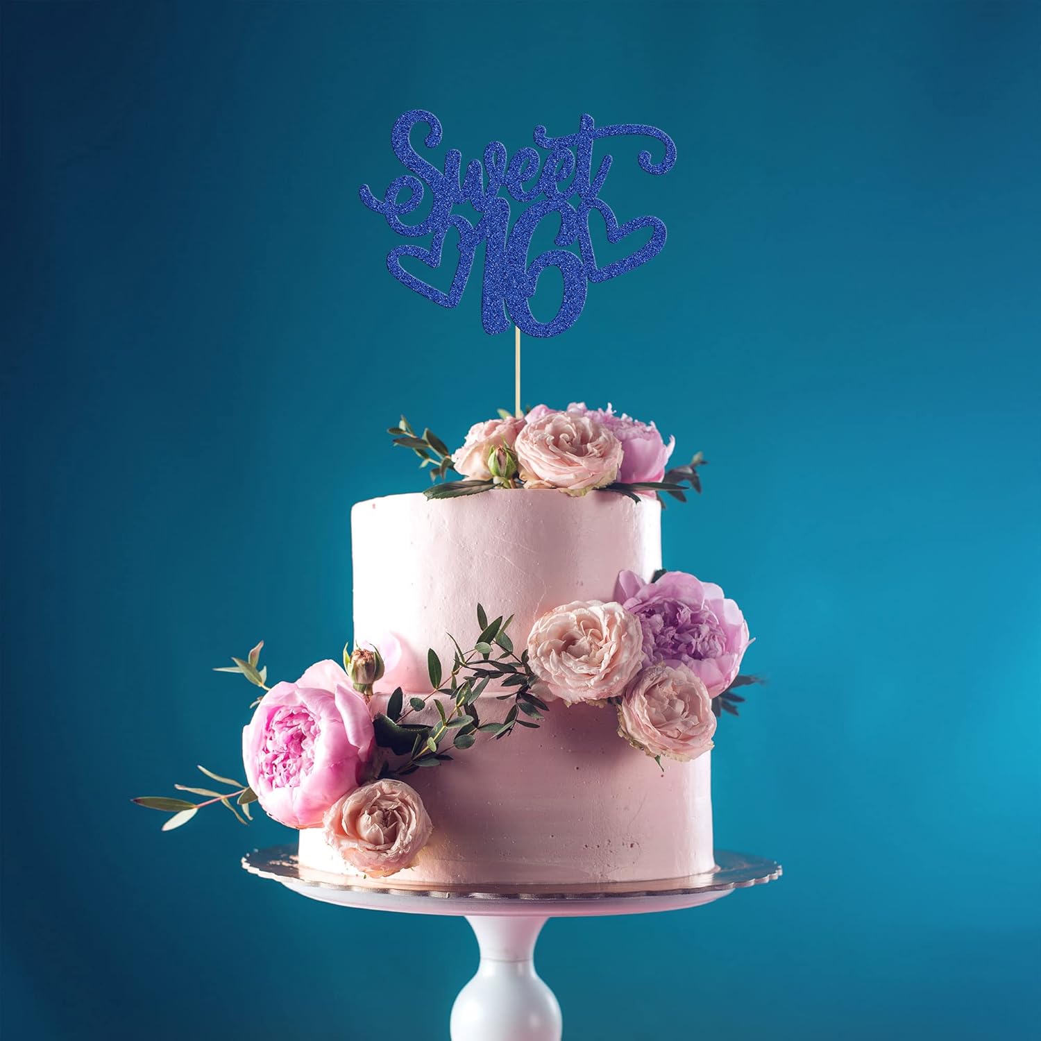 Gyufise 1Pc Sweet Teenager 16 Cake Topper Glitter 16th Birthday Cake Pick for Cheers to 16 Years Old 16th Birthday Party Cake Decorations Supplies Blue
