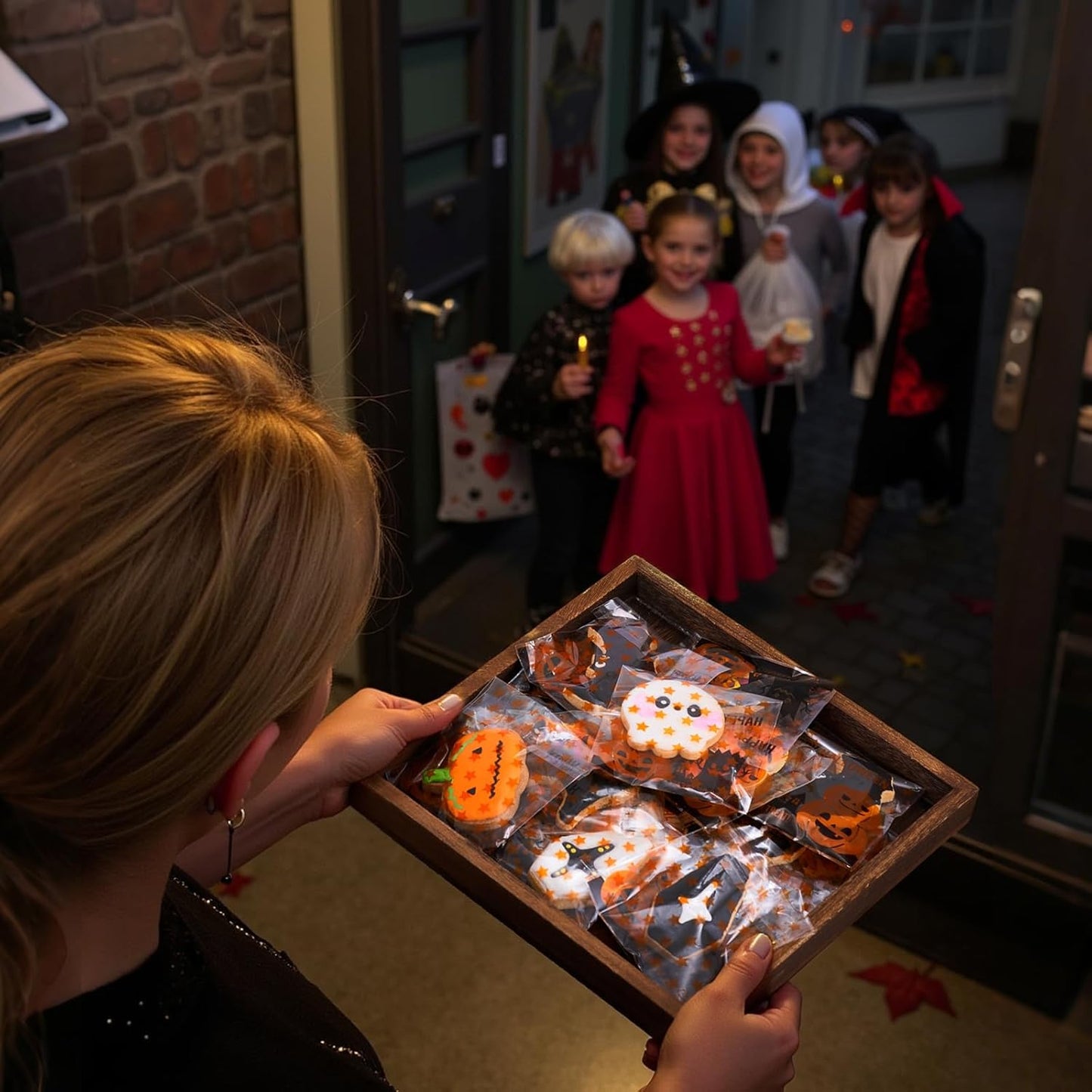 Halloween Cookie Cutters Set of 7 Stainless Steel Pumpkin Ghost Witch Hat Bat Cat Tombstone Skull Shapes for Halloween Party Supplies and Baking 50 Biscuit Bags Included