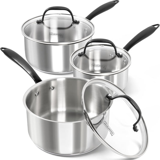 MICHELANGELO Tri-Ply Stainless Steel Saucepan with Lid 6 Pcs, Stainless Steel Sauce Pans with Cool Handle, 6 Pcs Multipurpose Sauce Pots Set for Kitchen Cooking, Induction Compatible, 1QT & 2QT &3QT