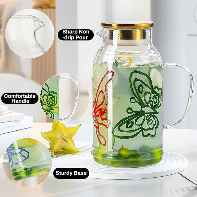 Buaic Glass Pitcher with Lid and Handle, 2 PACK 68 oz/2 Liter Vintage Hand - Image 5