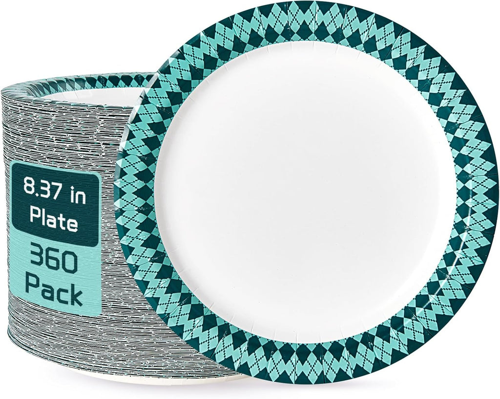 JOLLY PARTY Paper Plates Disposable, 360 Count 8.37 inch Dinner Plates, Soak Proof, Cut Proof for Everyday Use, Diamond Pattern Rim Design