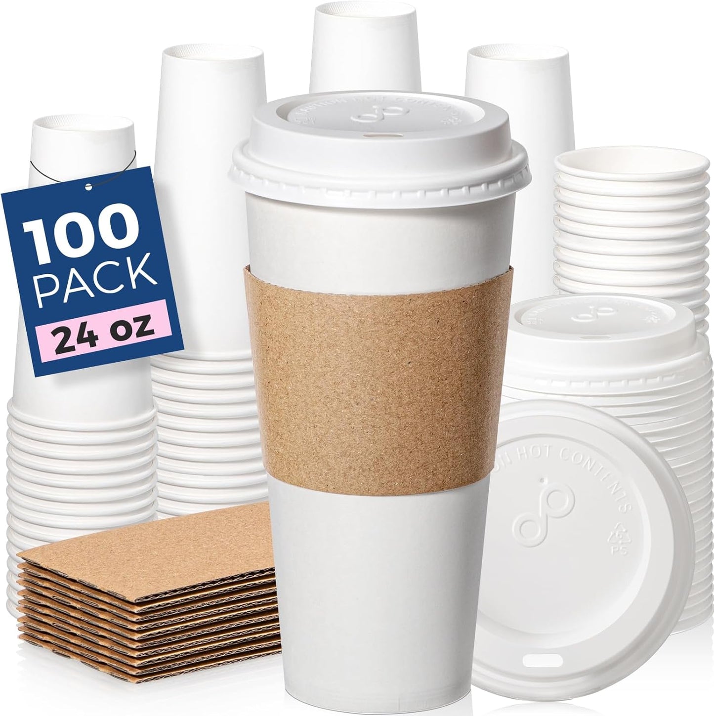 Fit Meal Prep 100 Pack 24 oz Disposable Coffee Cups with Lids, Sleeves, Leak-Proof To Go Coffee Cups with Lids, Durable Hot Paper Cups for Home, Office, Party, Business